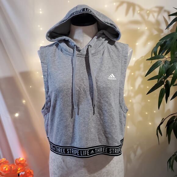 Adidas Women's Three Stripe Life Cropped Hoodie Size L Heather Gray Sweatshirt - Picture 1 of 10